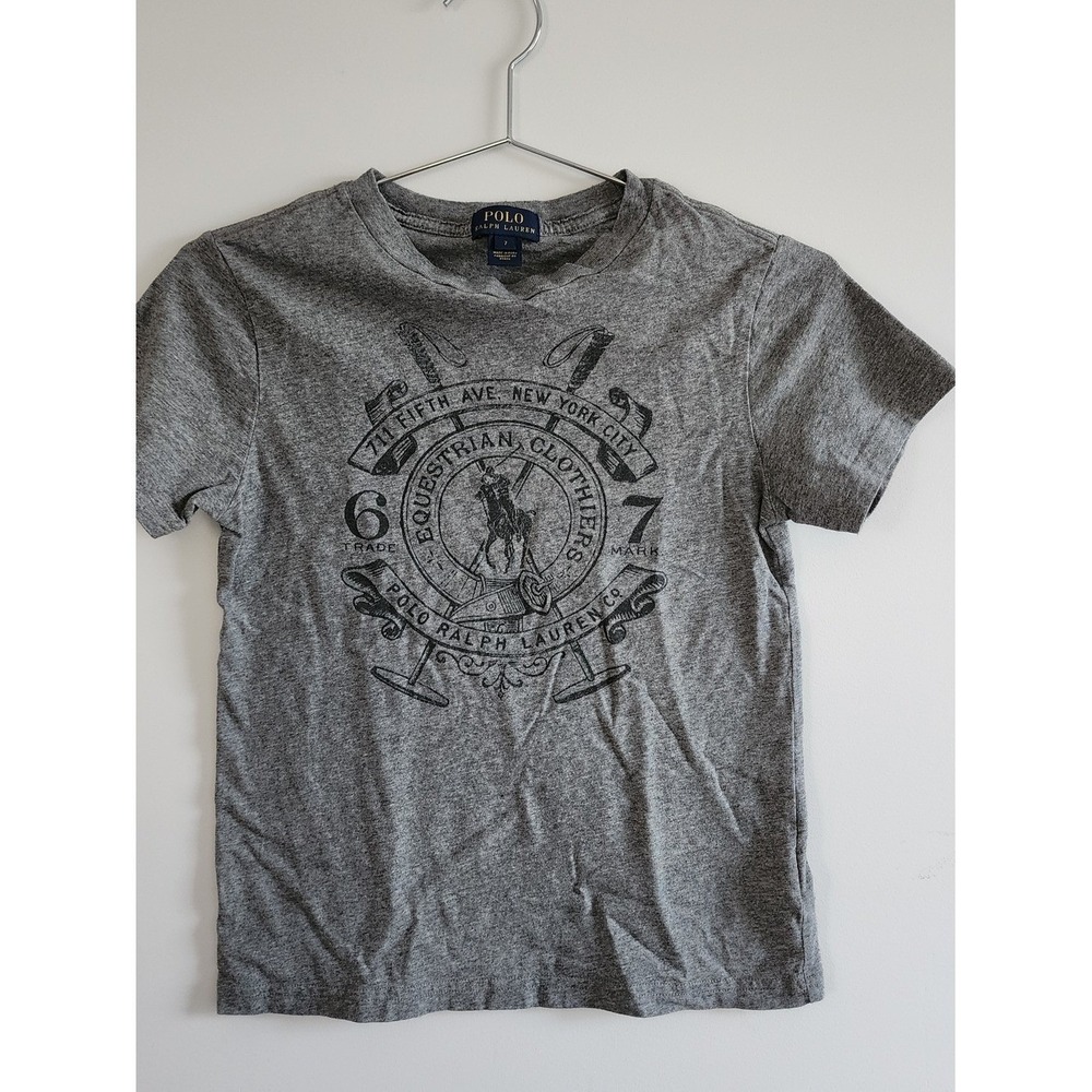Polo Ralph Lauren Graphic Tee Kids Size 7 Gray Equestrian Crest Preppy Casual